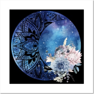 Mandala Moon Design Flower Blue and Pink Flowers Posters and Art